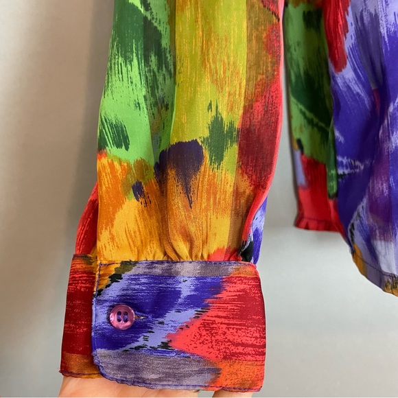 Vintage Floral Blouse Sheer Stripe Vibrant Colors Rolled Collar Eclectic Pleats - Picture 13 of 16